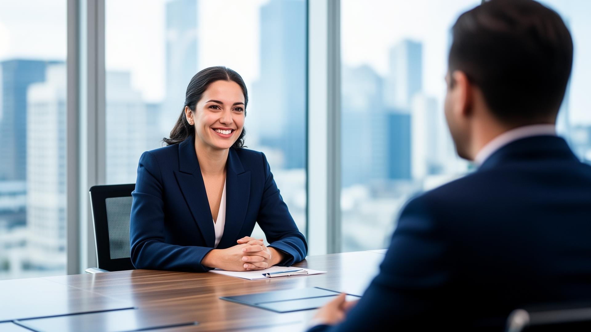 ATR recruiter interviewing a smiling candidate in a bright modern office
